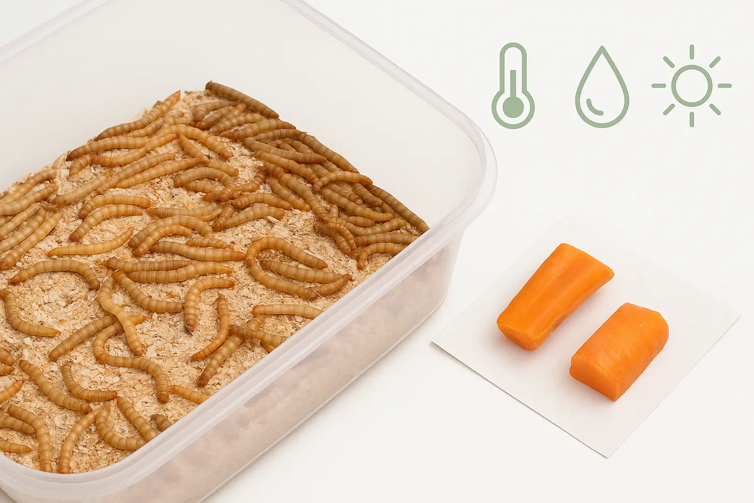 🟧 Perfekte Bedingungen für Mehlwürmer – Temperatur, Feuchtigkeit & Licht